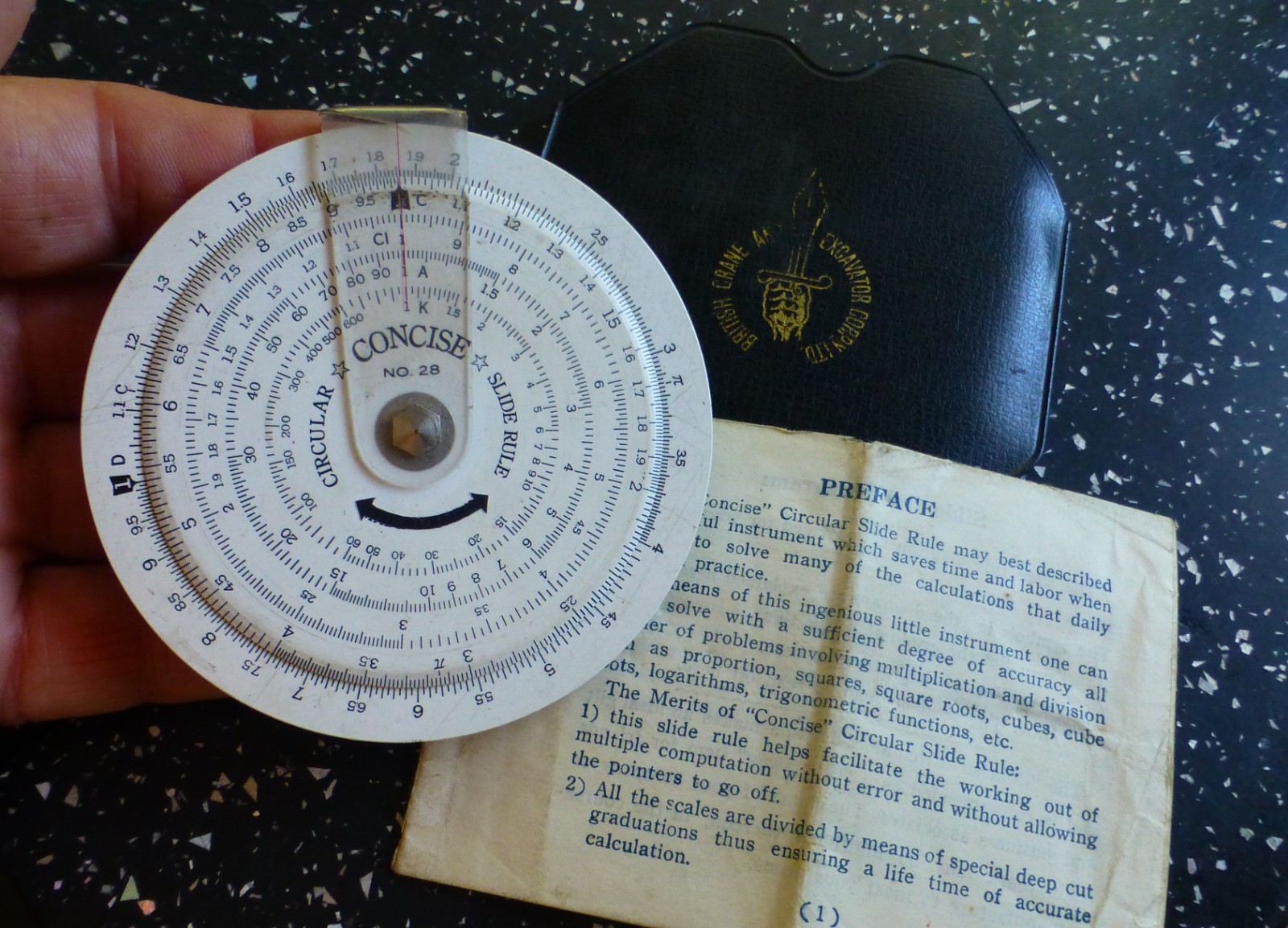 Vintage Concise Circular Slide Rule Instructions + Case British Crane Excavator