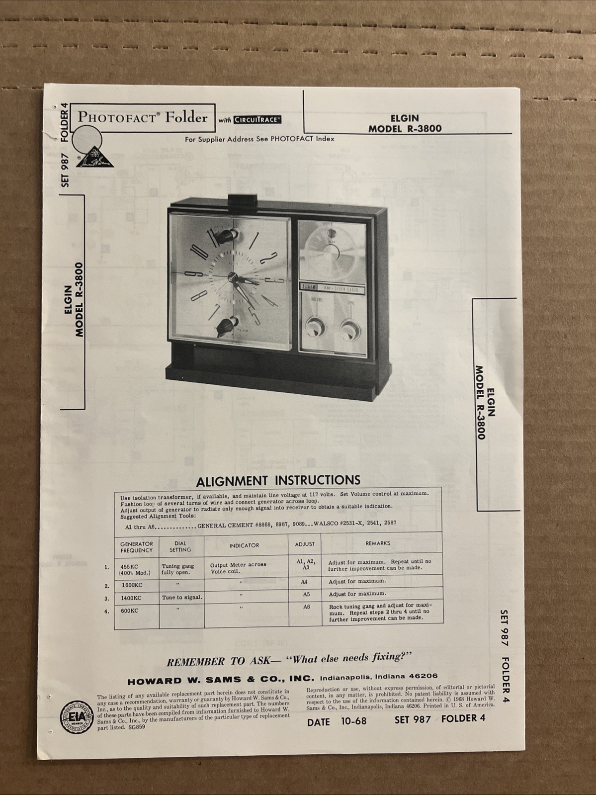 Vintage Sams Photofact Schematic 10-1968 ELGIN MODEL R-3800