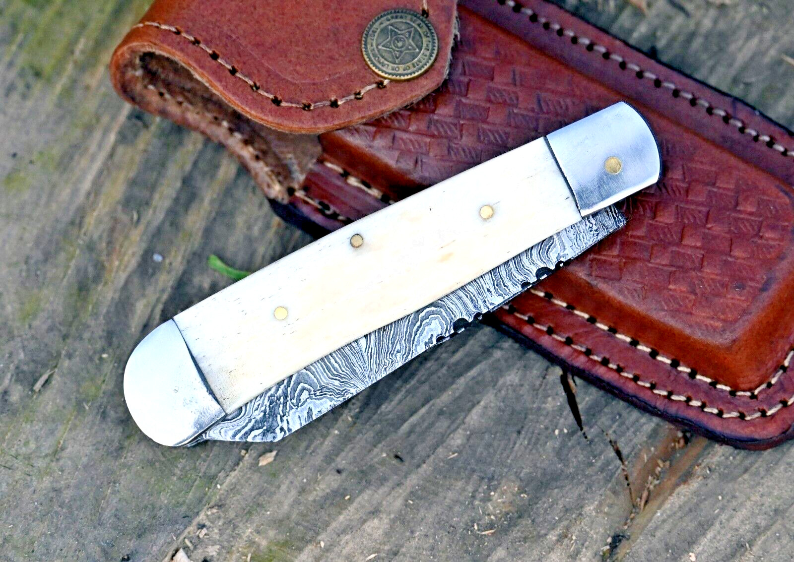 DAMASCUS STEEL TRAPPER FOLDING POCKET KNIFE SURVIVAL CAMPING HUNTING KNIFE 1009