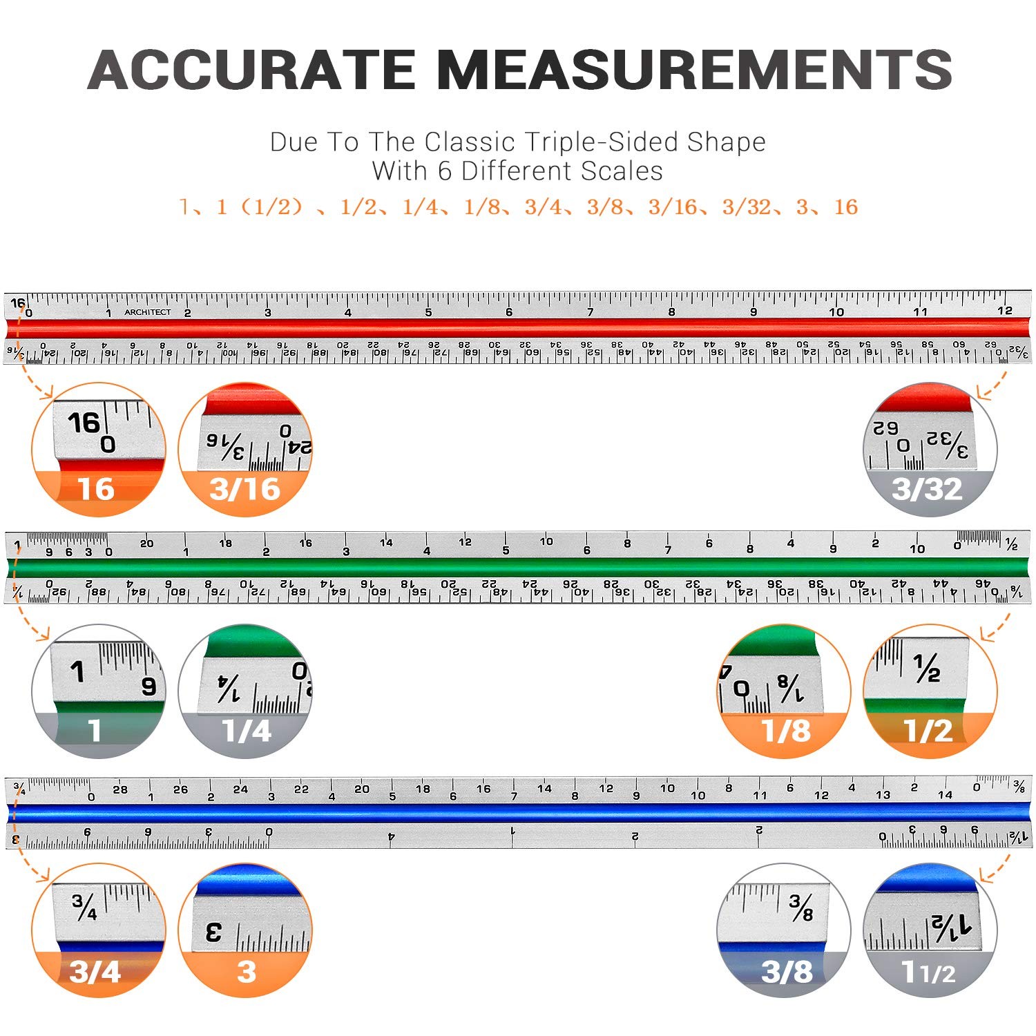 12" Architectural Scale Ruler Aluminum Architect Scale Triangular Scale Rulers