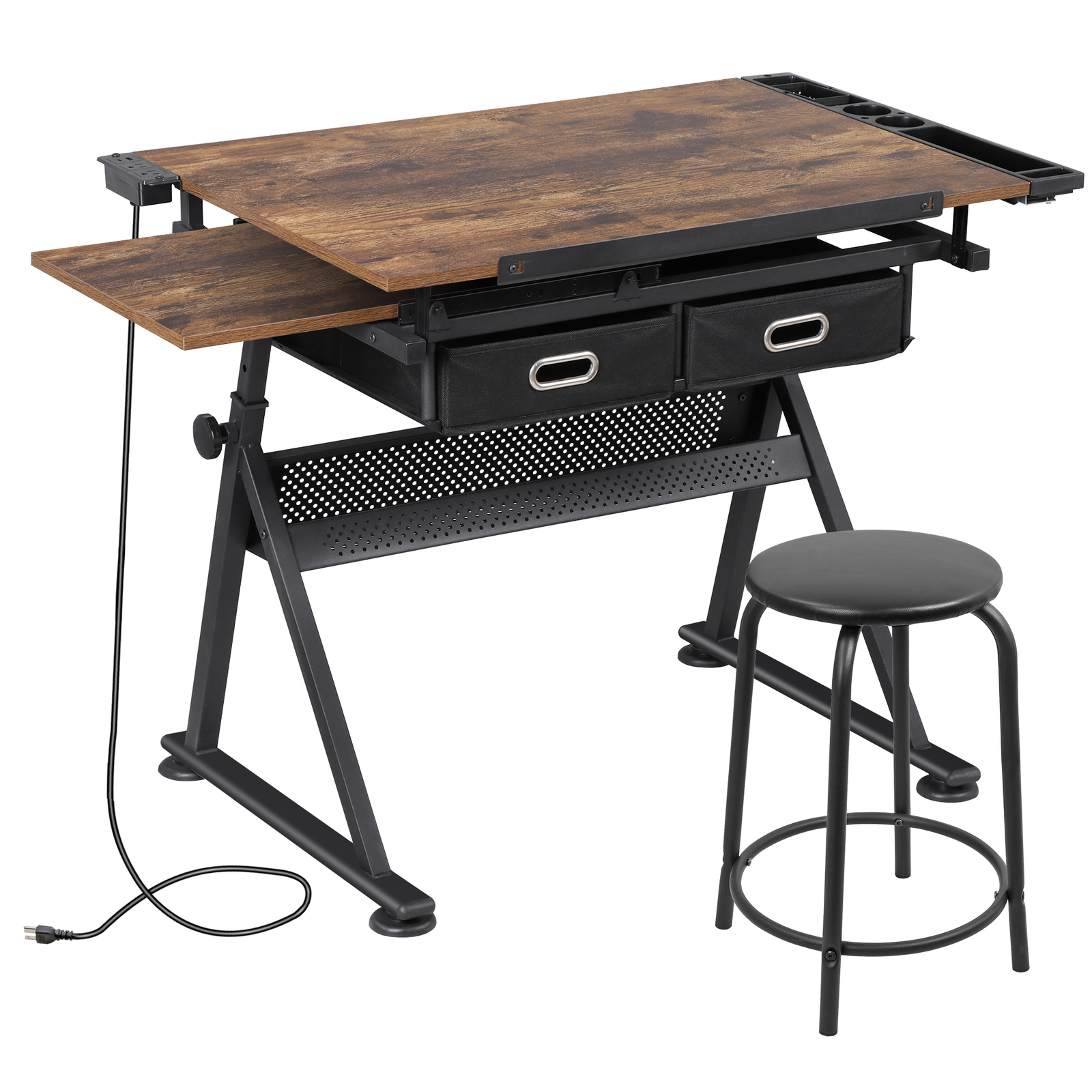 Adjustable Drawing Writing Table Stool w/ 2 Drawers for Artwork Art Desk Retro