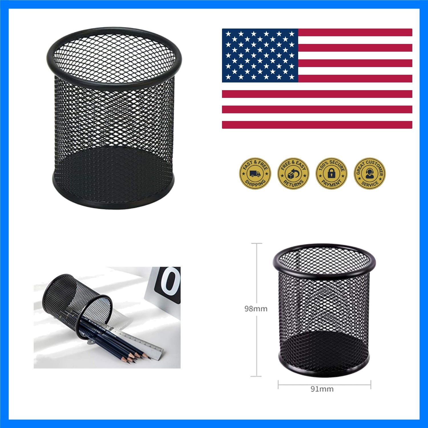 Black Pen Holder Cup for Desk, Pencil Cup Holder, Black Wire Mesh Pen Cup for...
