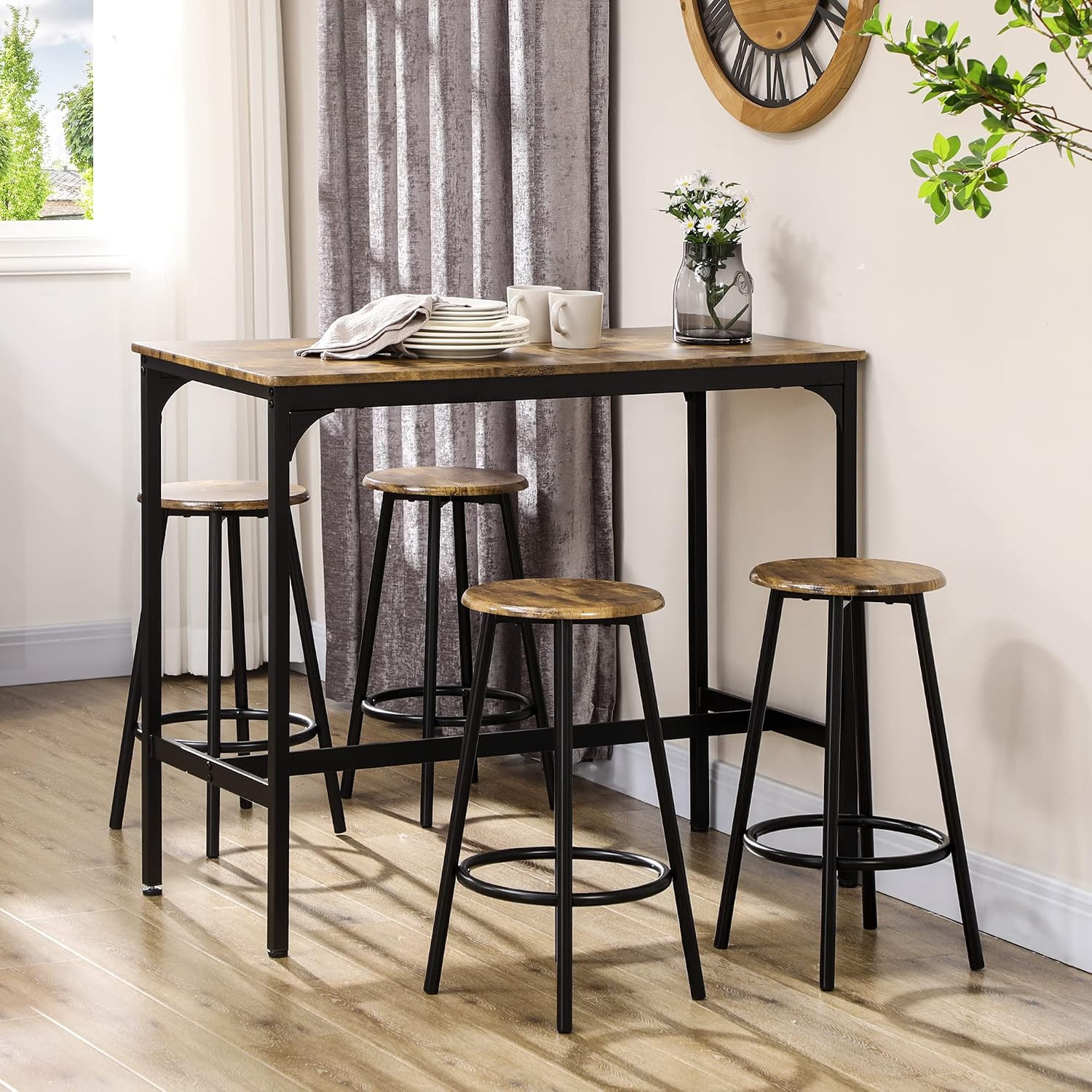 5-Piece Counter Height Bar Table Set 43.25" Wooden Top Rustic Brown | Rustic Din