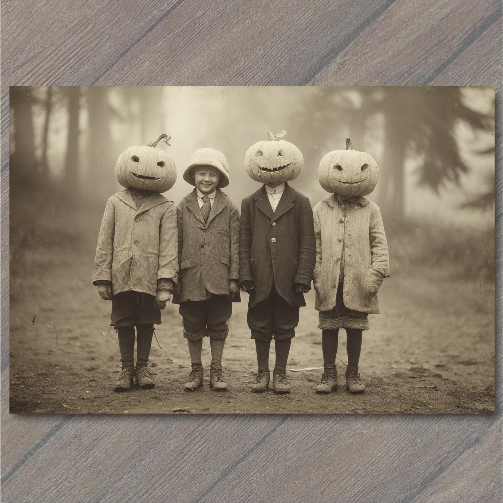 POSTCARD Pumpkin Head Boys Halloween Forest Sepia Spooky Creepy Antique Look