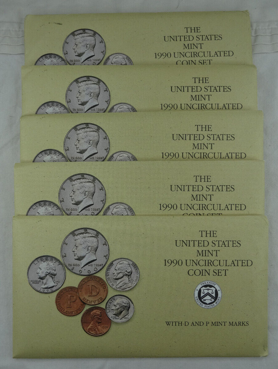 (5) 1990 P & D US Mint Uncirculated Sets 50 Coins OGP Original Envelopes BU