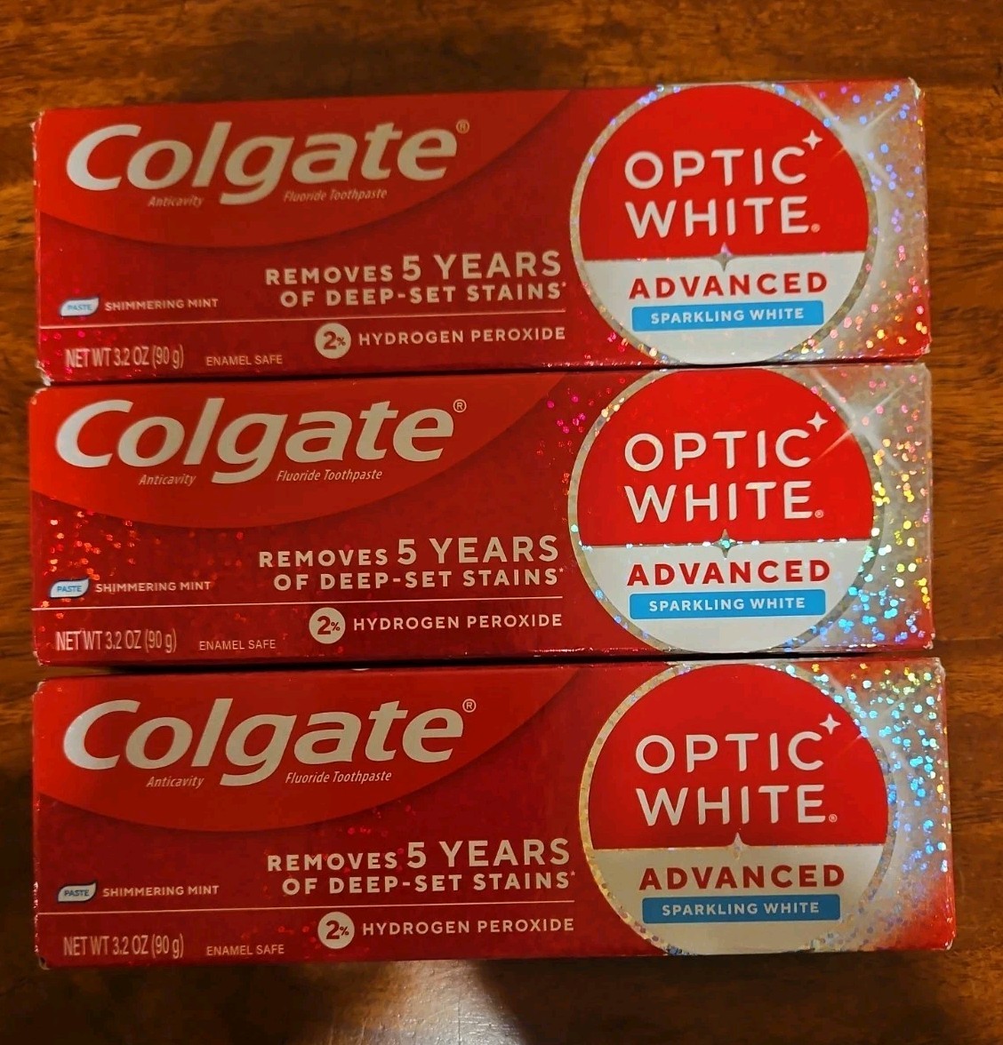 3 Colgate Optic White Advanced Whitening Toothpaste Sparkling White 3.2 oz