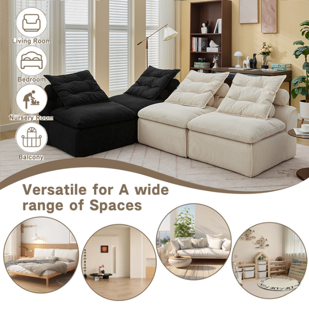 4-Piece Armless Corduroy Modular Sofa w/ Neck & Lumbar Pillows, Beige & Black