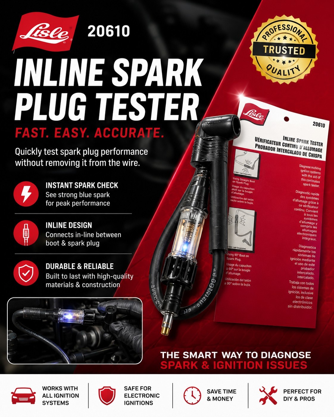 Lisle 20610 Inline Spark Tester Ignition Spark Plug Diagnostic Tool New Sealed