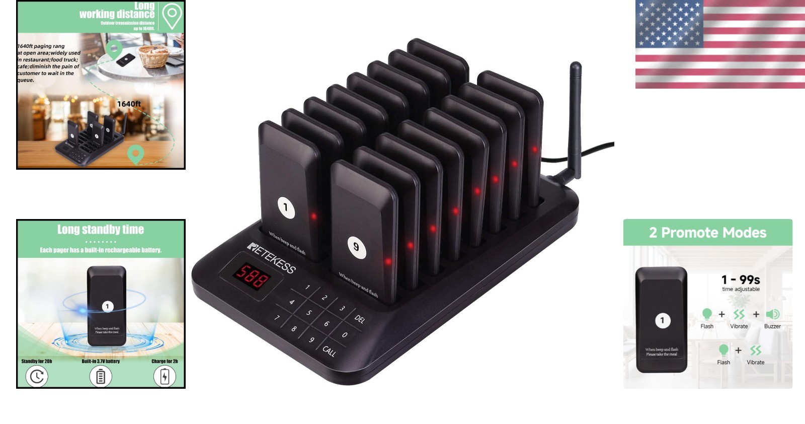 TD157 Restaurant Pager System: 16 Long-Range Pagers with Vibration & Flash