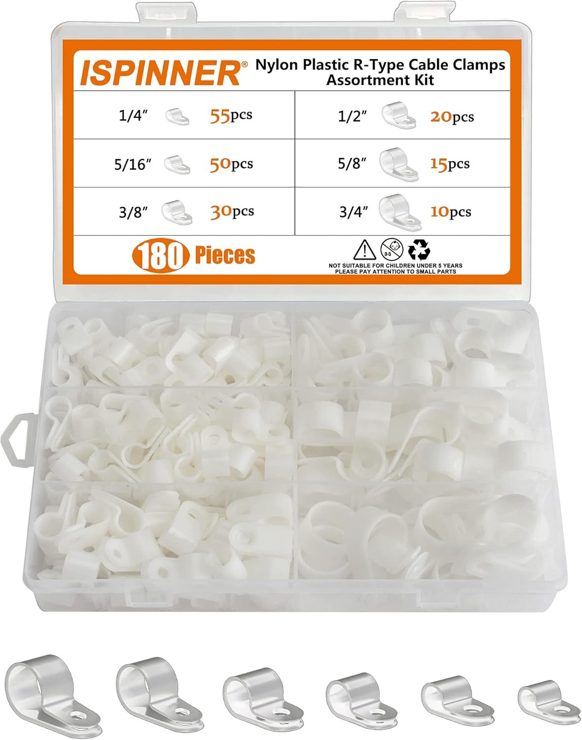 ISPINNER 180pcs Nylon Plastic R-Type Cable Clamps, 1/4" 5/16" 3/8" 1/2" White