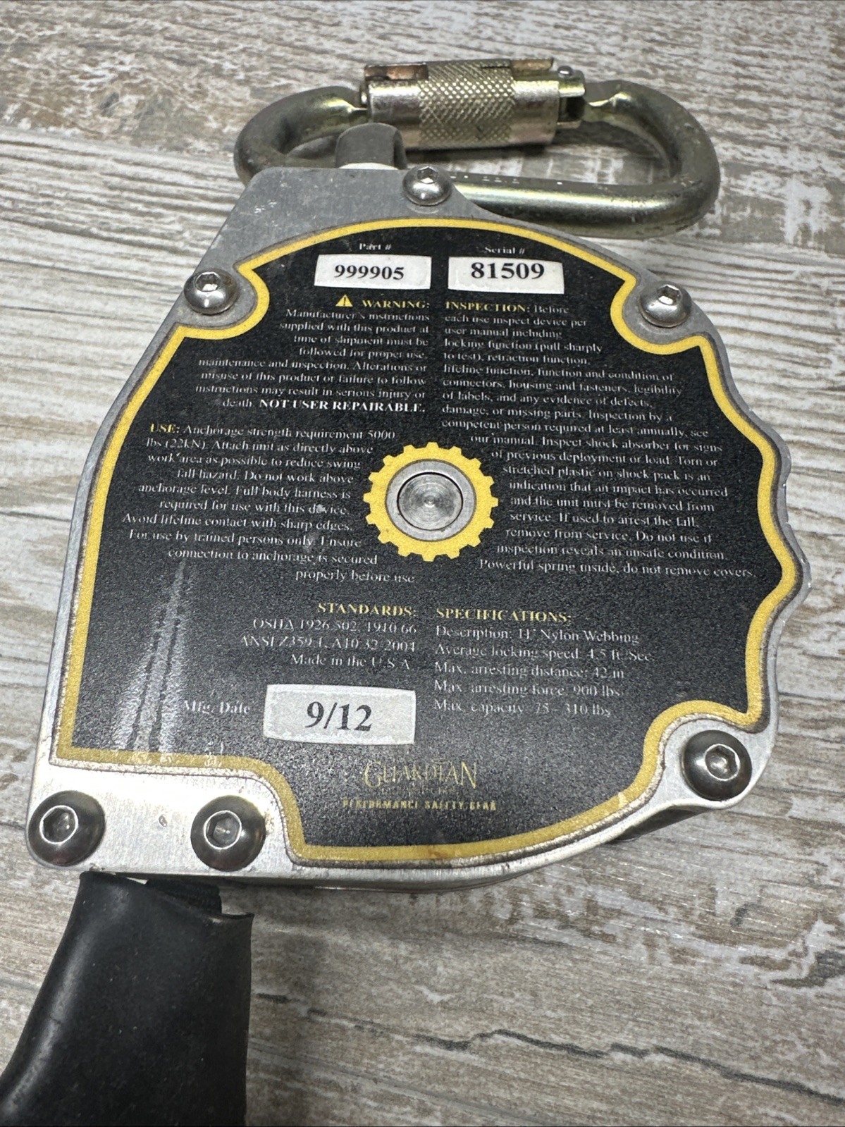 Guardian Fall Protection Edge Series Retractable Lifelines Web Srl Part # 999905