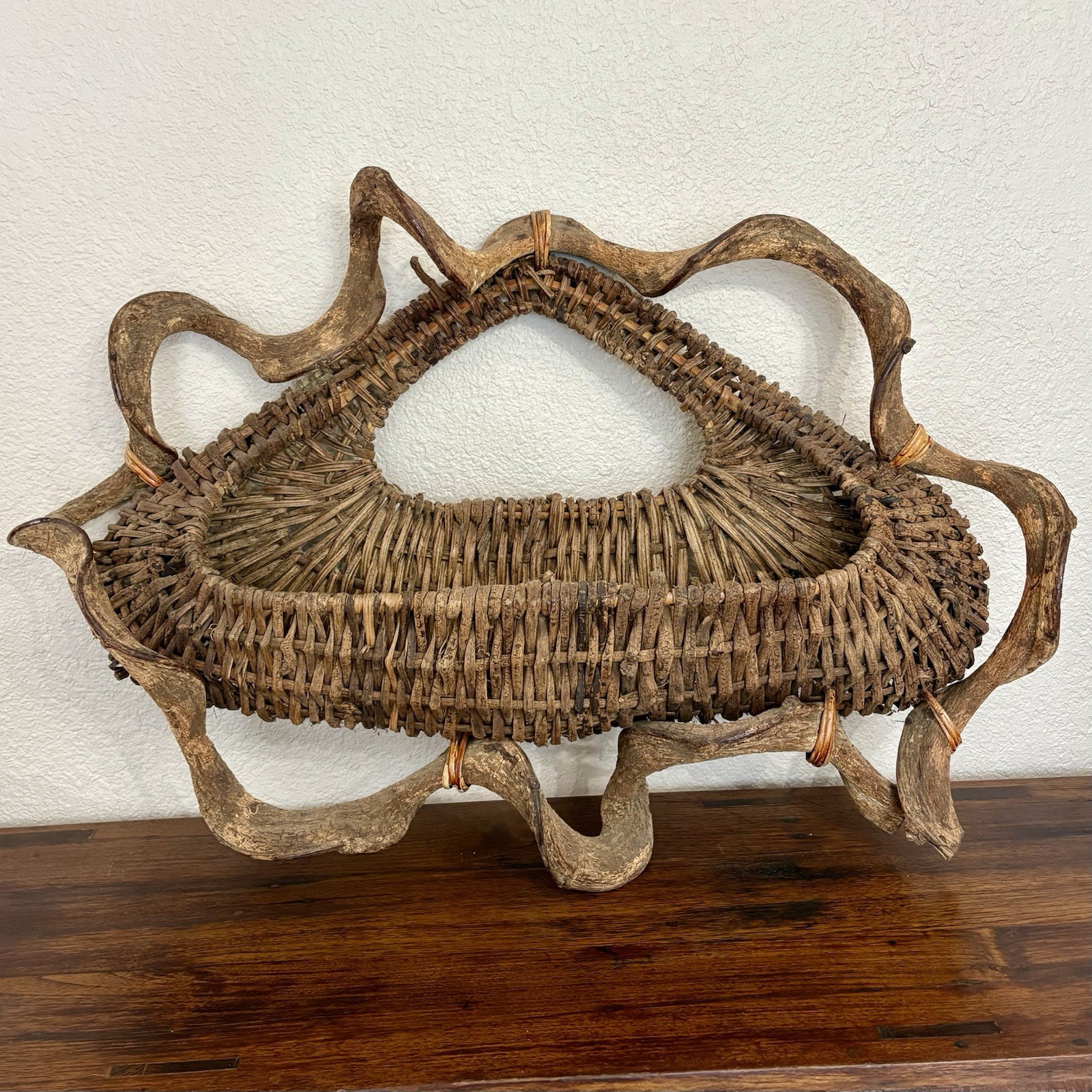 Vintage 33” Wicker Gathering Wall Hang Basket Woven Twig Farmhouse Rustic