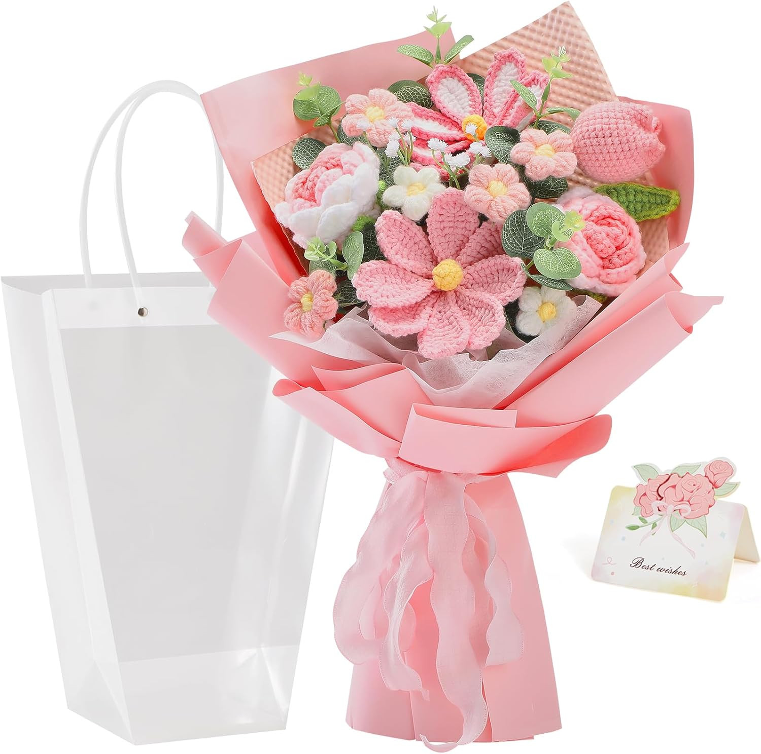 Alecono Crochet Flower Bouquet, Pink Knitted Flowers, Crochet Tulip Galsang Flow