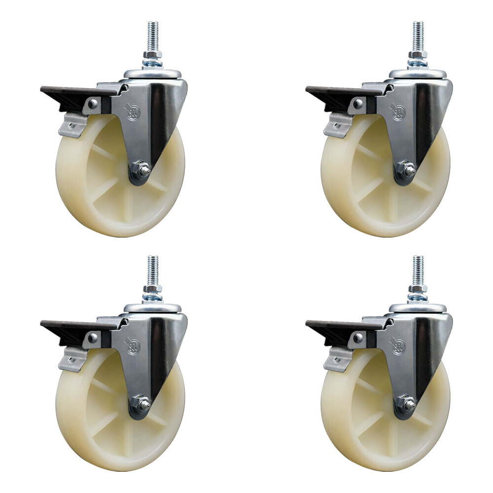 5 Inch Nylon 3/8 Inch Threaded Stem Caster Set with Brake