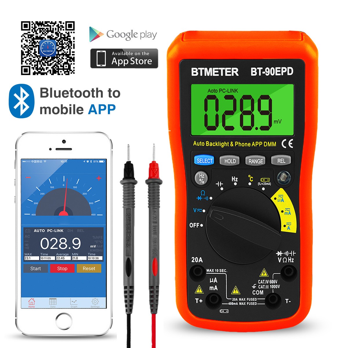 Bluetooth APP Digital Multimeter Auto Ranging 4000 Counts AC/DC Voltage Current