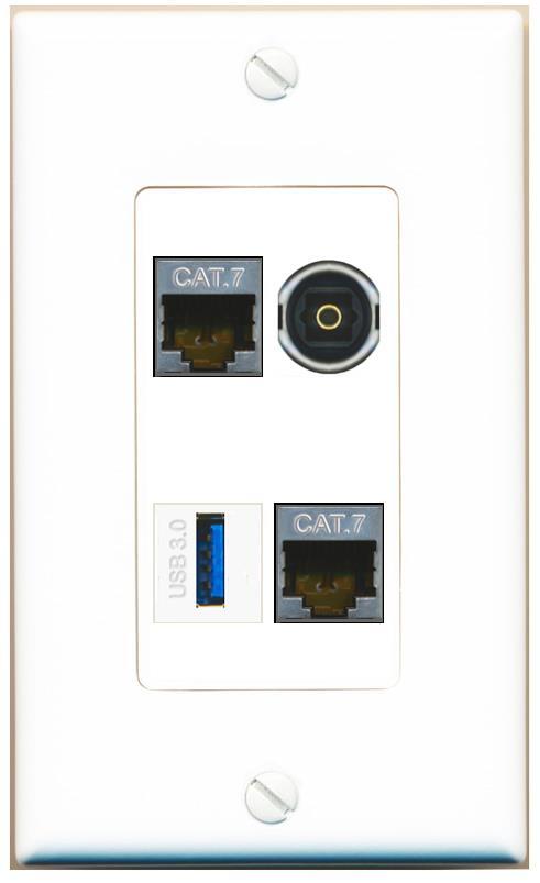 [4 Ports] 2 CAT7 TOSLINK USB-3 Wall Plate DecorZ White