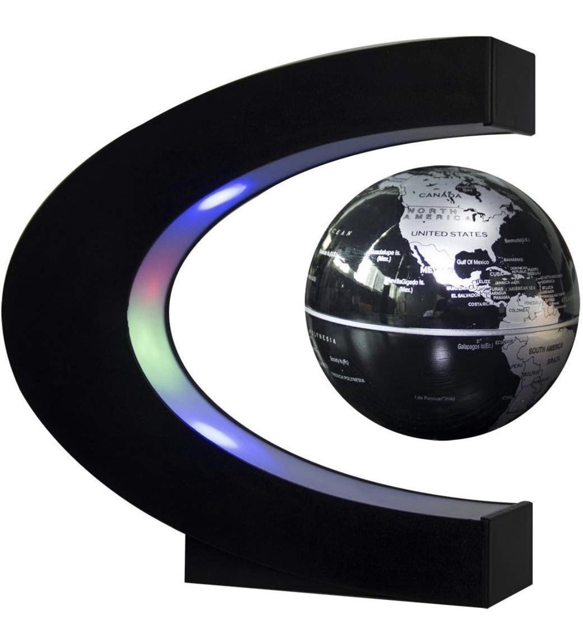 Floating Globe with LED Lights C Shape Magnetic Levitation World Map Black