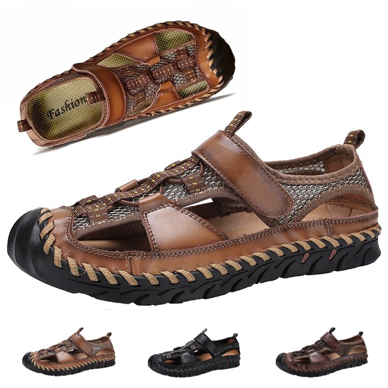 Mens Sandals Leather Closed Toe Outdoor Summer Anti-Slip Beach Hiking Outdoor