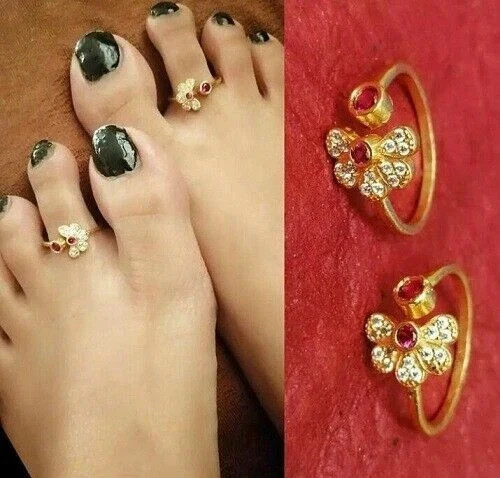 Women Adjustable Toe Ring Gift For Her Red Ruby & Diamond 14K Yellow Gold Finish