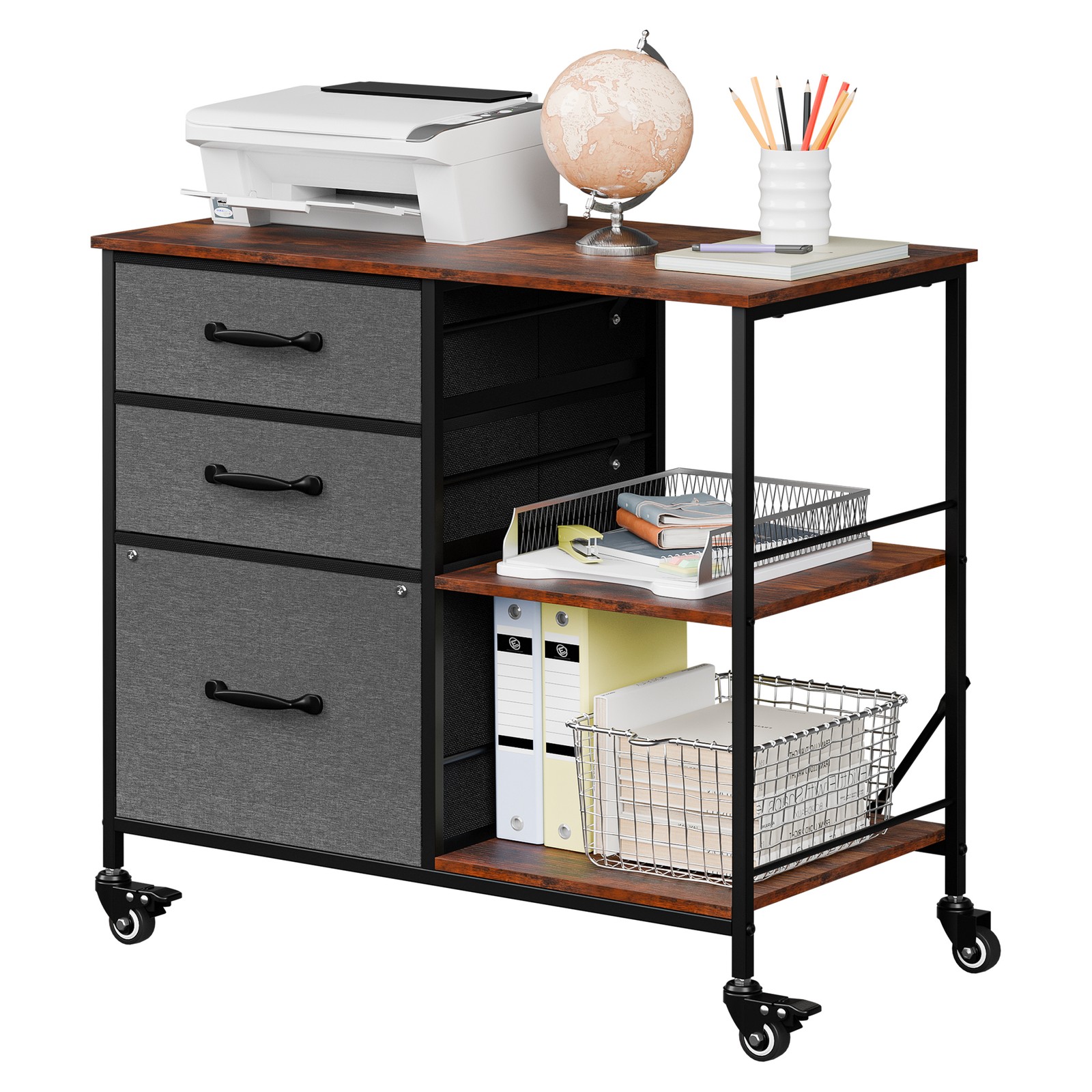 File Cabinet Rolling Printer Stand w/ Open Shelf Lateral Cabinet Dark Gray