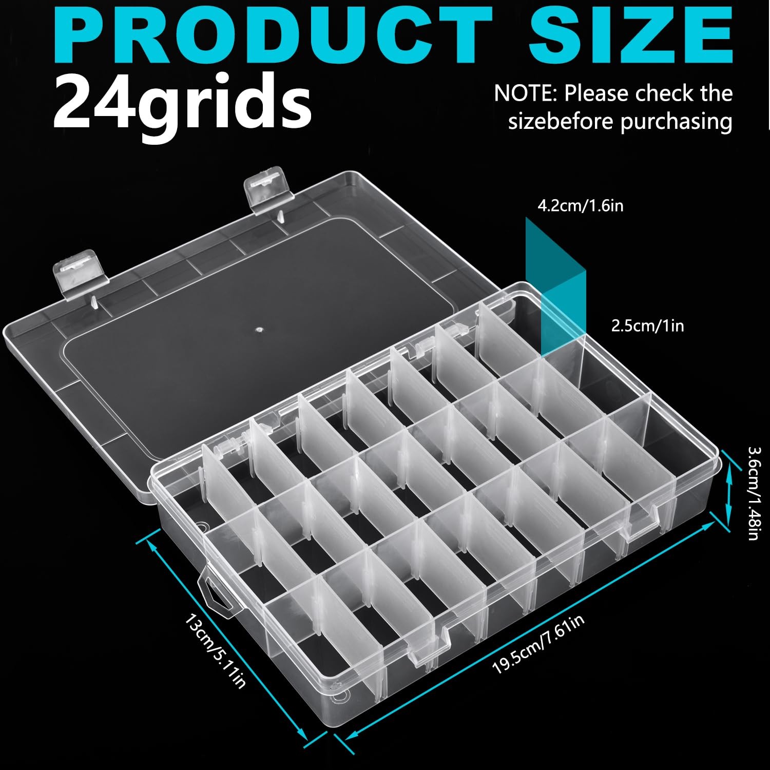 2 Pack 24 Grids Plastic Storage Box Clear Organizing Containers with Adjustab...