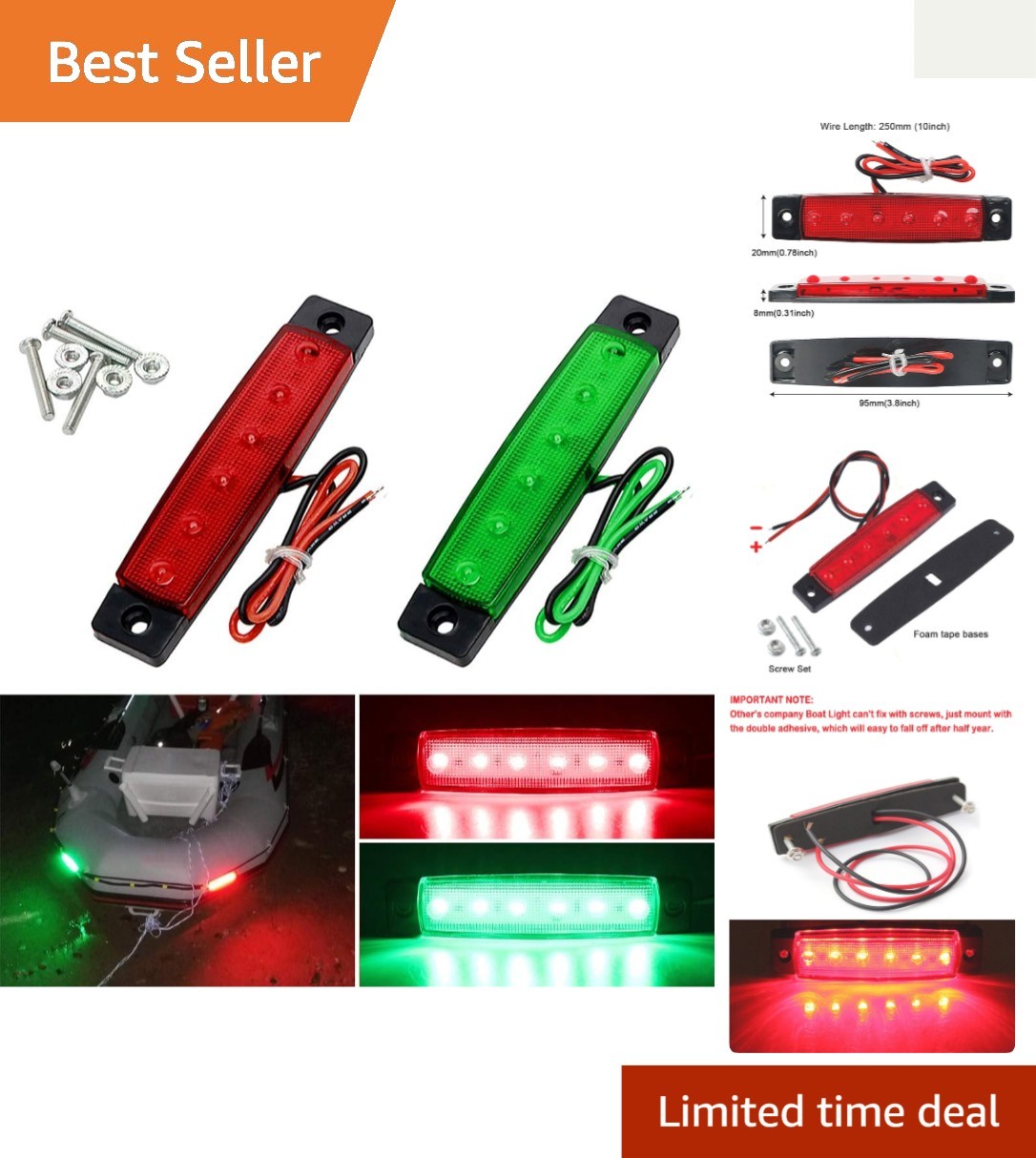 2PCS Waterproof LED Boat Navigation Lights - Red & Green for Enhanced Safety