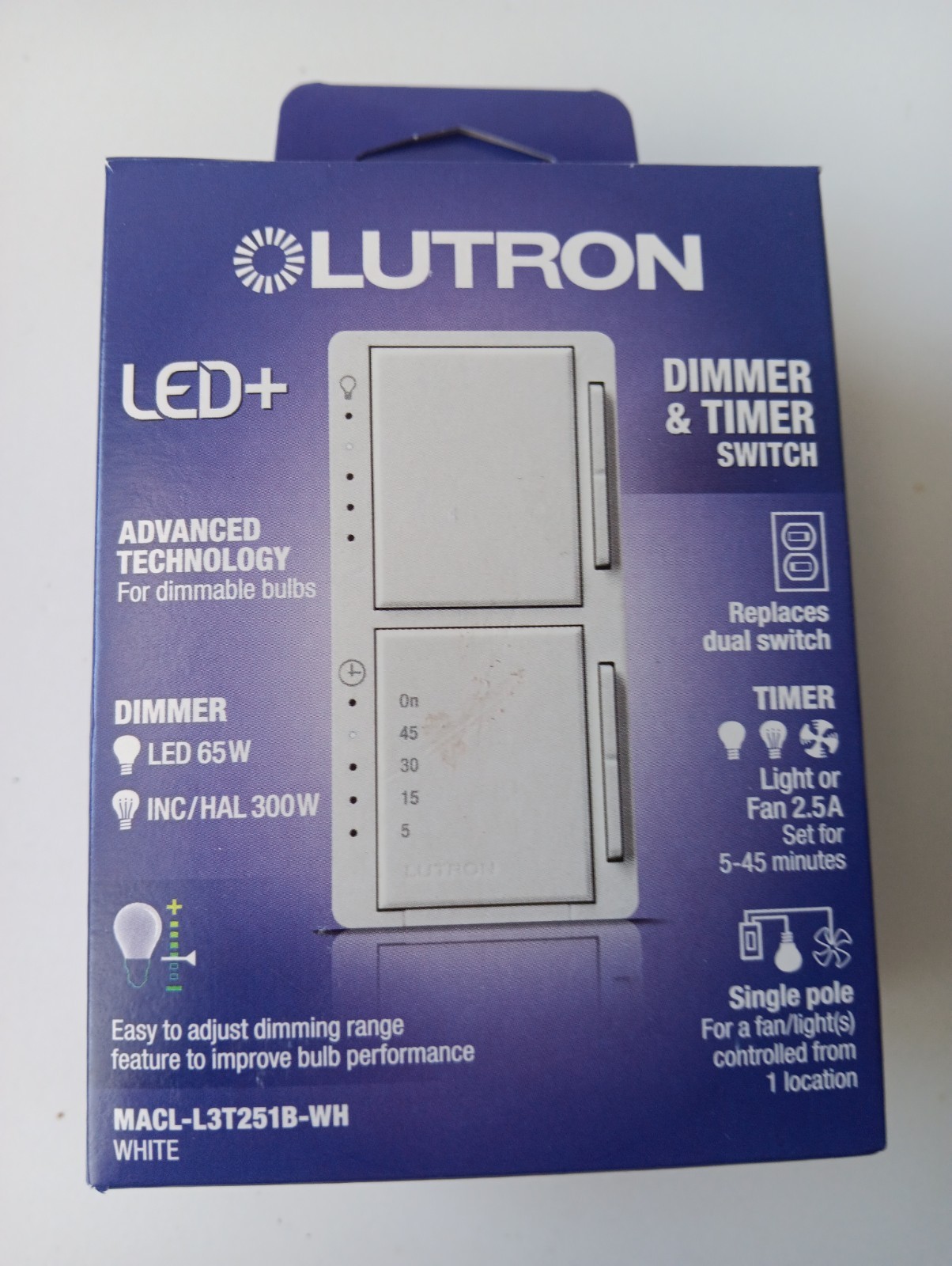 NEW Lutron LED+ Dimmer & Timer Switch MACL-L3T251B-WH