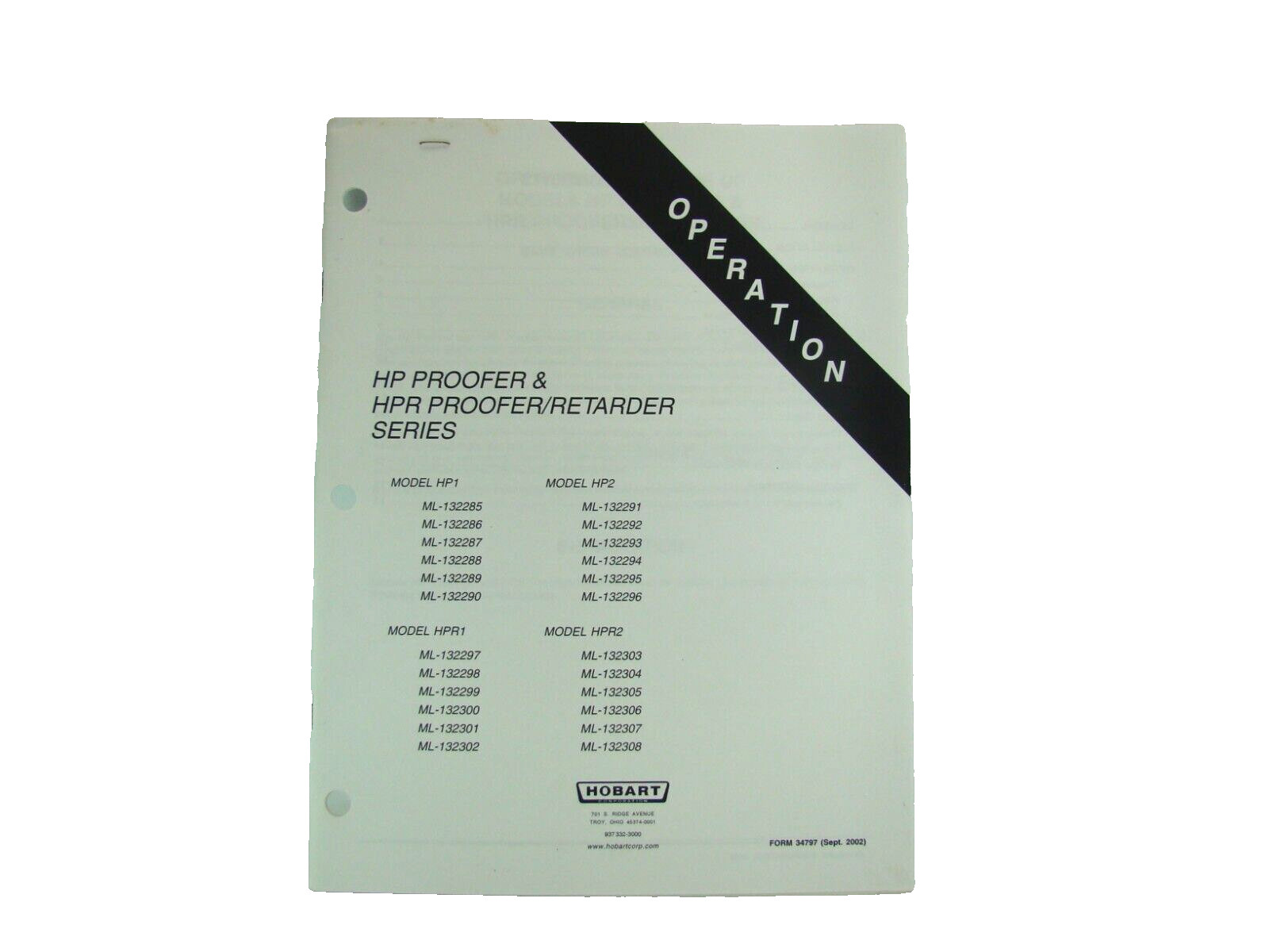 Hobart HP Proofer & HPR Proofer/Retarder HP1 & 2  HPR1 &2 Operation Manual