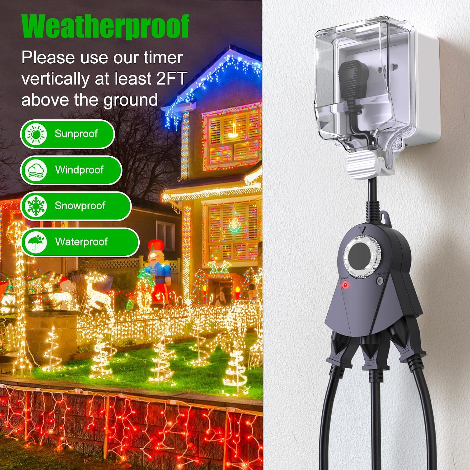 Outdoor Light Sensor Timer, 24 Hours Heavy Duty Waterproof Outlet Timer with 2,