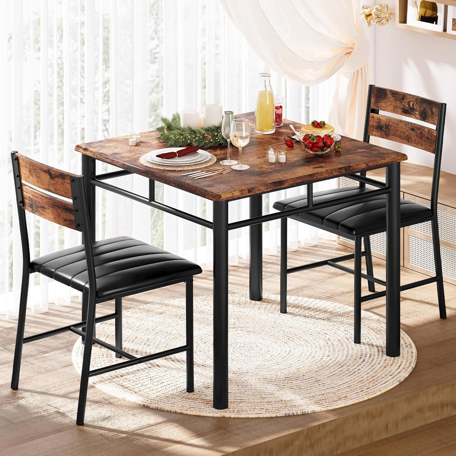 IRONCK Dining Table Set for 2, Small Kitchen Table with Upholstered Chairs Dinni