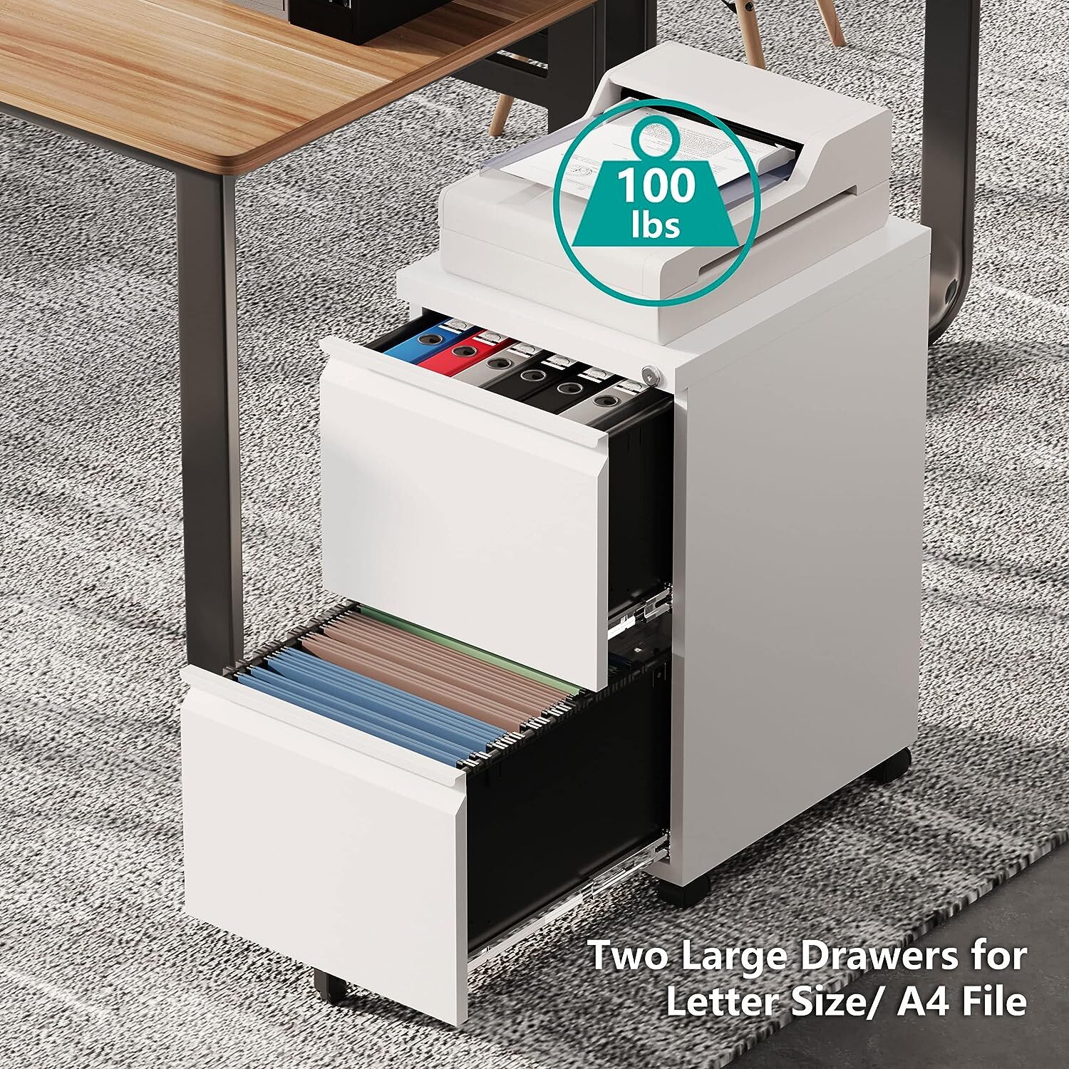 Metal 2 Drawers Office Filing Storage Cabinet with Lock Wheels Rolling Cabinets