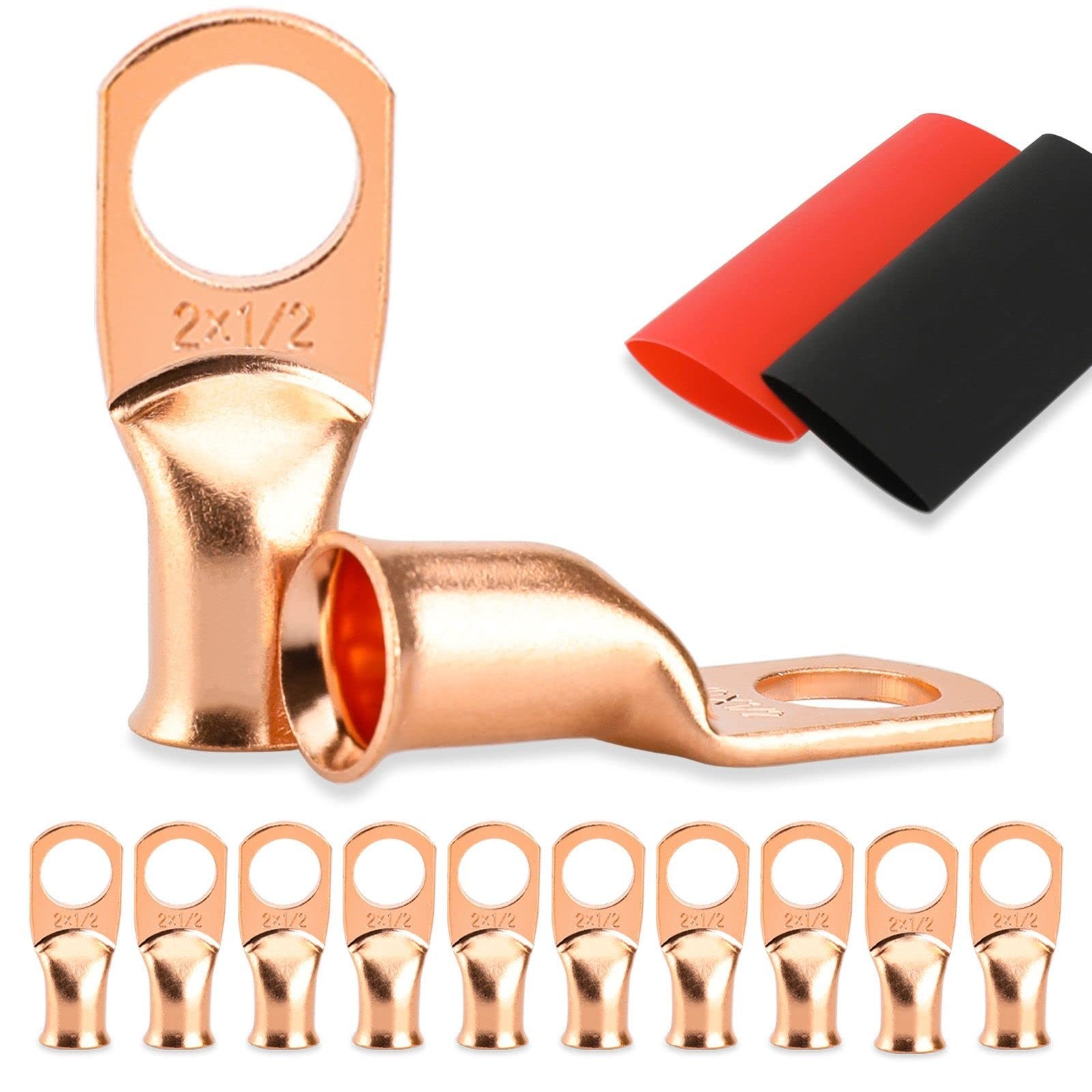 10PCS Battery Cable Ends, 2 Gauge Wire Connectors 1/2 2AWG*1/2"(M12), Copper
