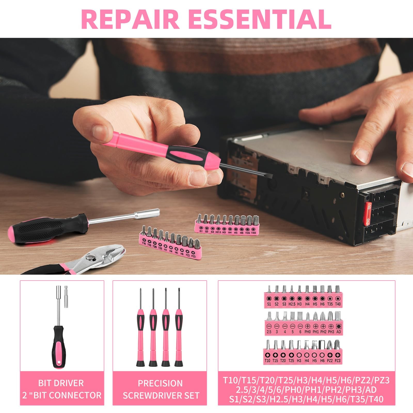 144-Piece Pink Tool Kit Basic Home Repair Tool Set General Household Hand Too...