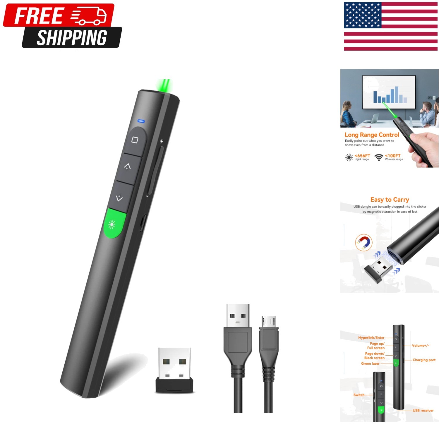 Wireless Presentation Clicker Rechargeable Green Laser Pointer PPT Remote
