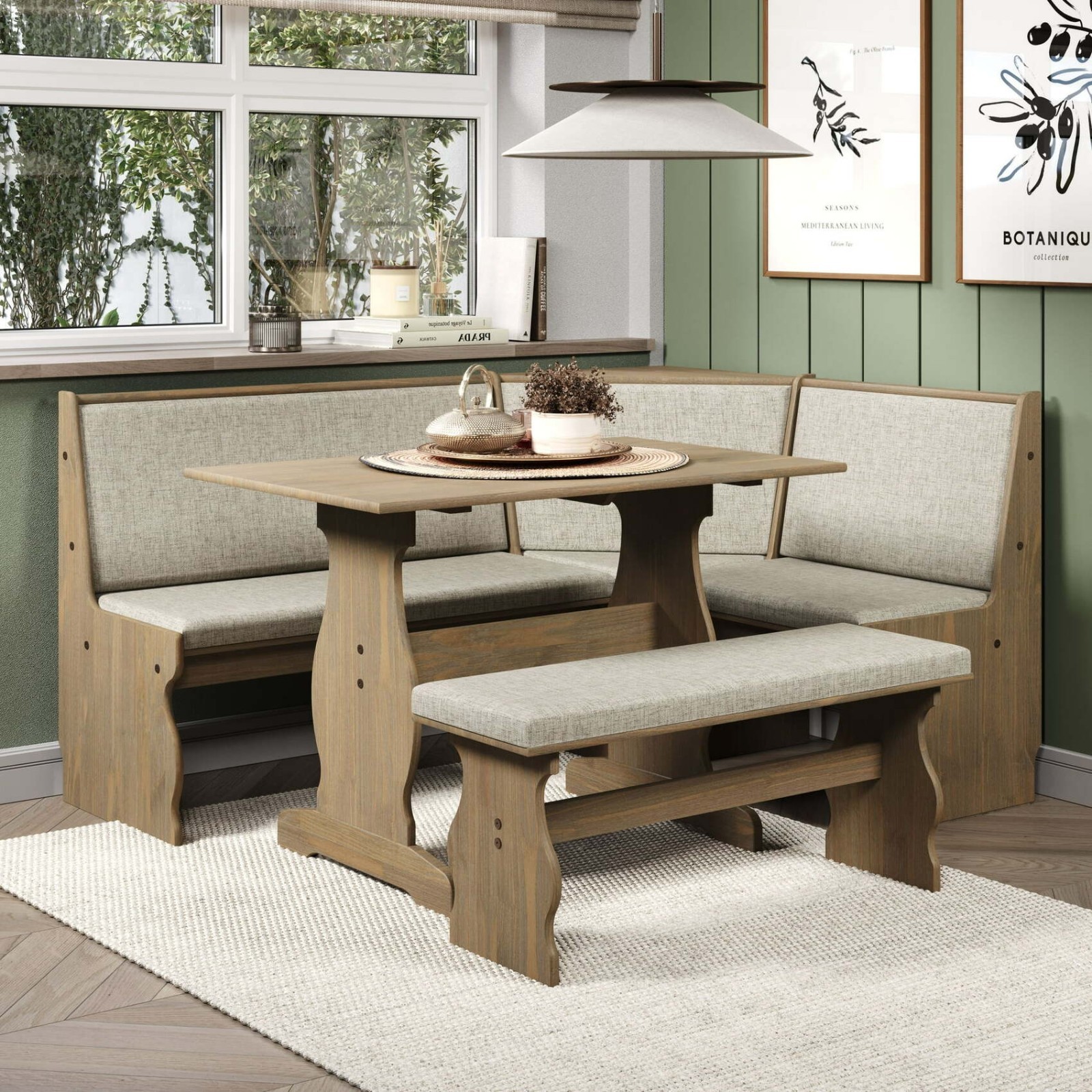 Kitchen Nook Breakfast Dining Table Bench Reversible Corner Unit Brown & Natural