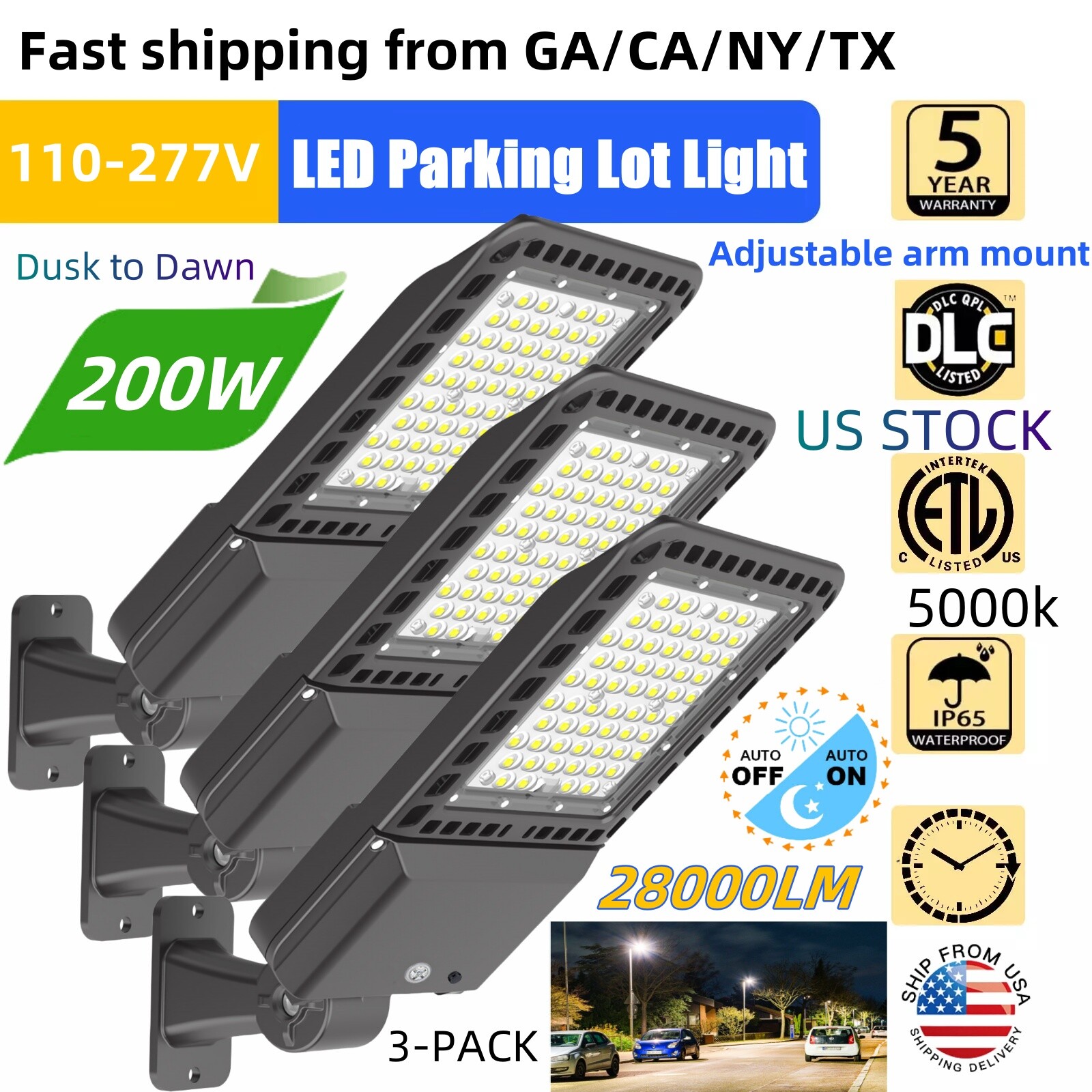 3 Pack 200W LED Parking Lot Pole Lights Dusk To Dawn Commercial Shoebox Fixtures