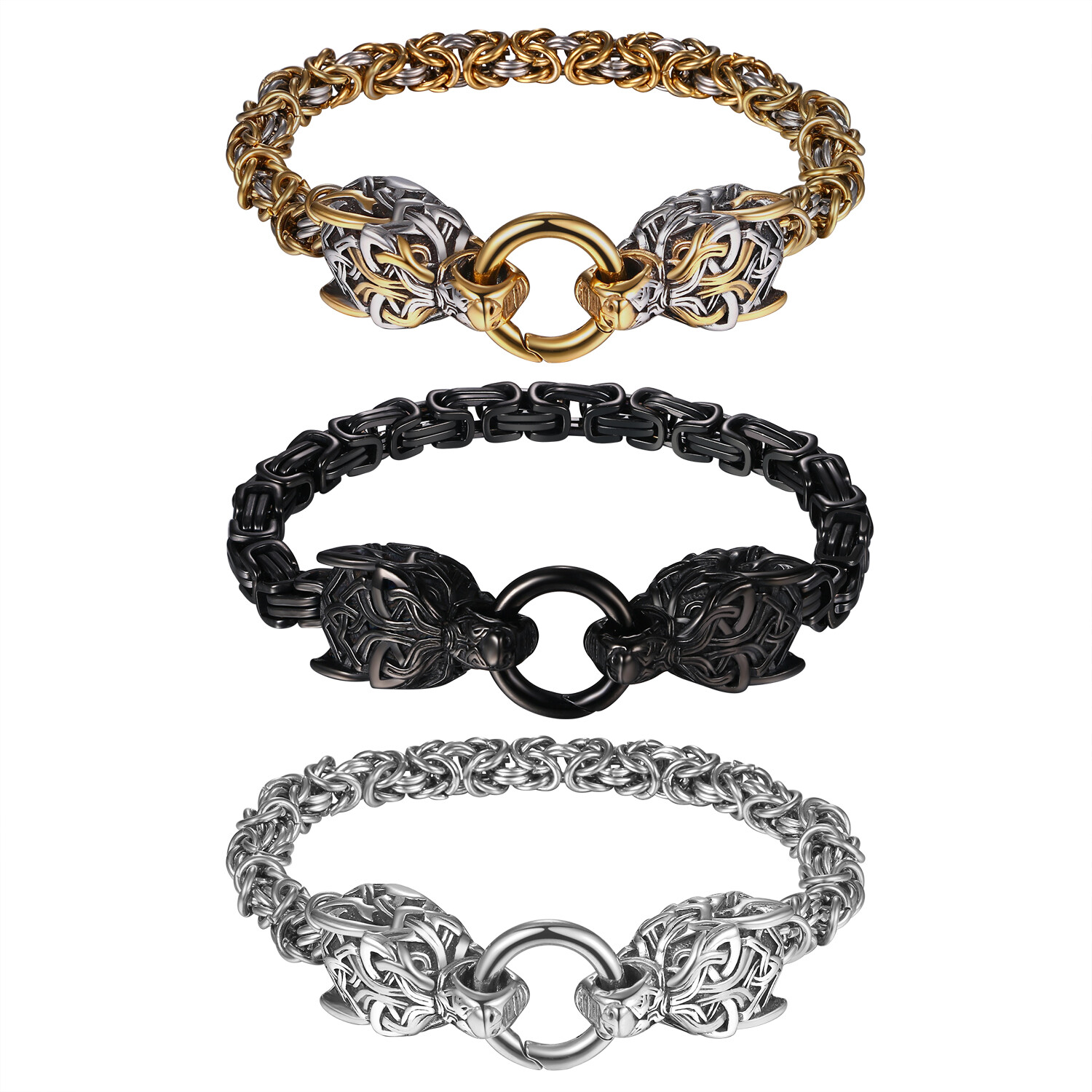 8.7 inch Stainless Steel Norse Viking Fenrir Wolf Head Bracelet Mens Amulet Gift