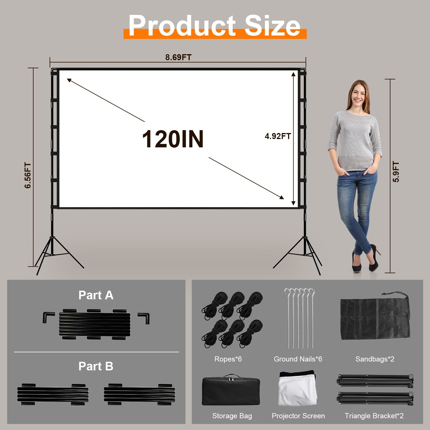 100/120 In Projector Screen W/ Stand 16:9 4K HD& Wrinkle-Free For Home Theater