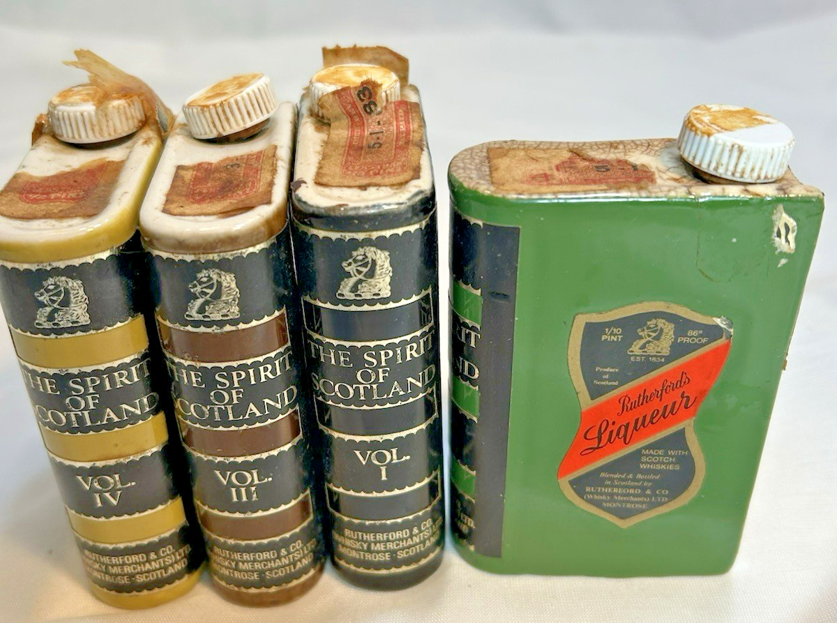 Rutherfords Liqueur Miniature Liquor Bottles Lot Of 4 Book Shape 1/10 Pint Empty