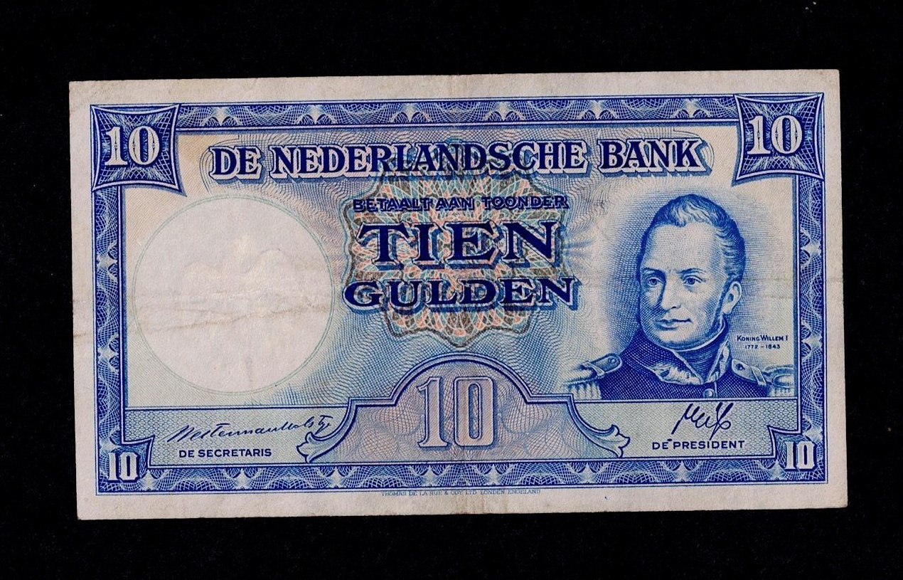 NETHERLANDS 10 GULDEN 1945 3AK P#75b VF+