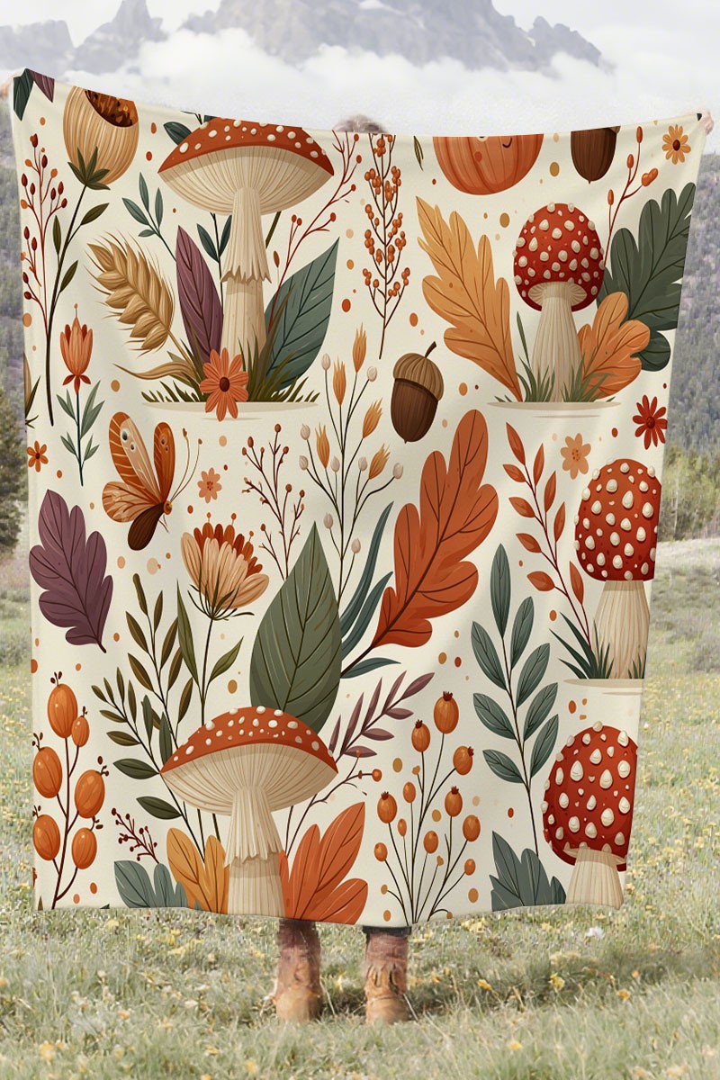 Autumn Mushroom Pumpkin Coral Fleece Cozy Throw Blanket Boho Cute