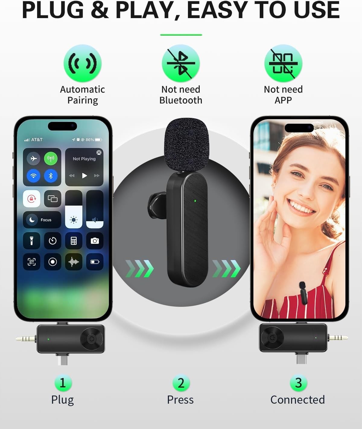 Wireless Lavalier Microphones Compatible for iPhone, Android Phone, Camera, C...