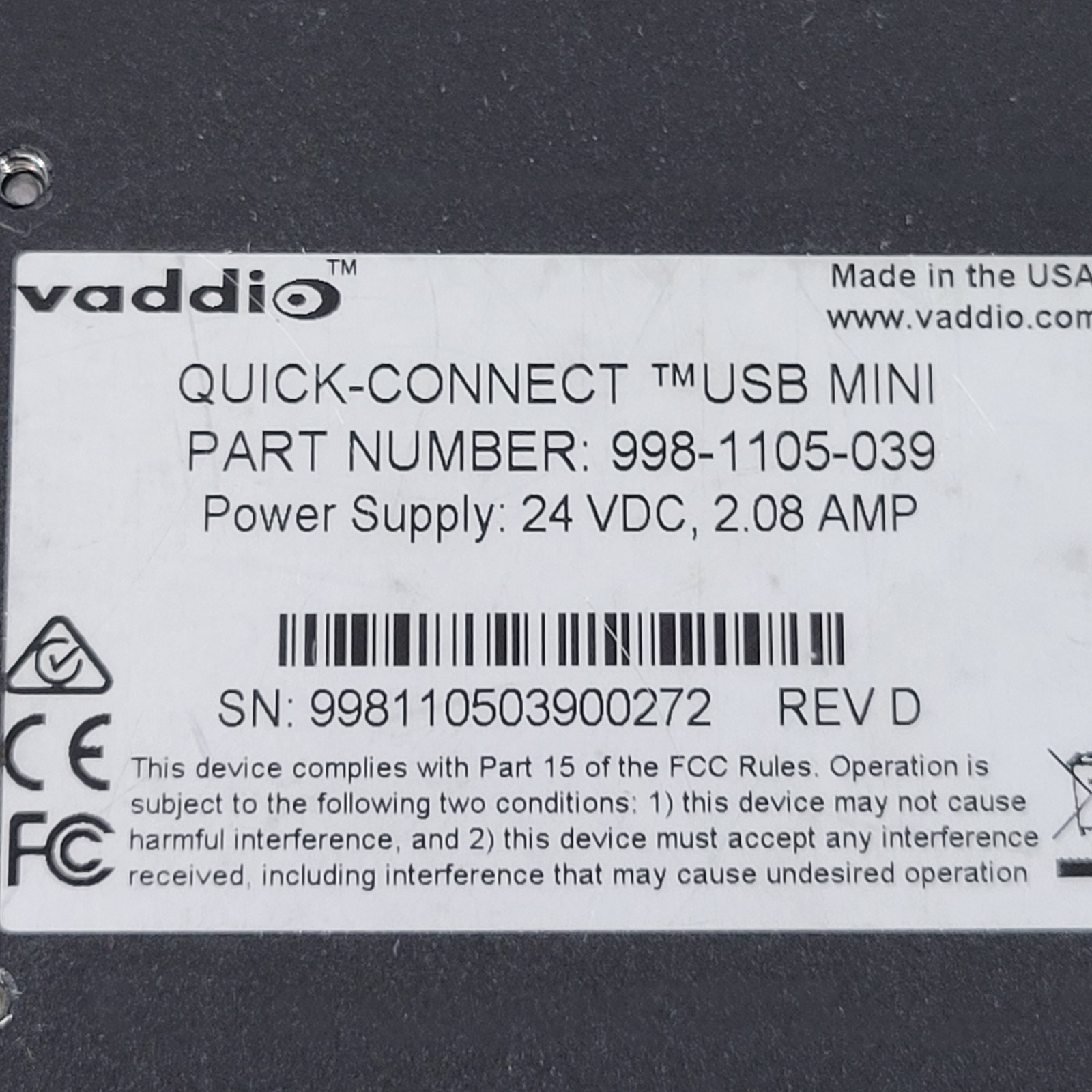 VADDIO 9981105039 Quick-Connect USB Mini, 24V DC, USB Type-A To Type-B