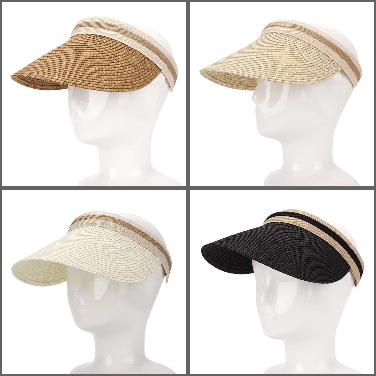 4 Pcs Straw Sun Visor Hat for Women Summer UV Protection Wide Brim Ponytail S...