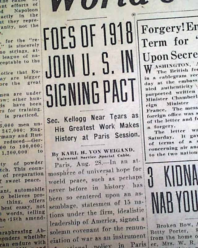 KELLOGG-BRIAND PACT Of Paris International Aggreement SIGINING 1928 Newspaper