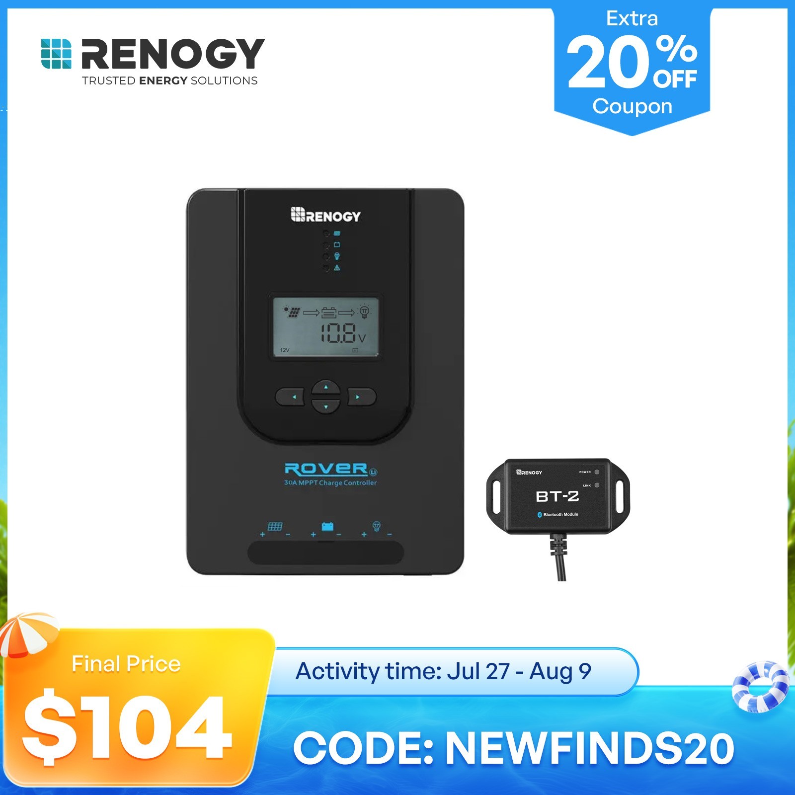 Renogy 30A 12V/24V Auto DC Input MPPT Solar Charge Controller W/LCD Display BT