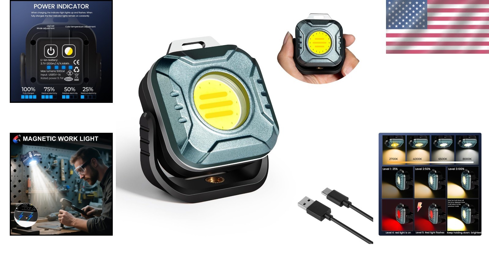 Portable Magnetic LED Work Light with Multi-Angle Base - 500 Lumens Performance