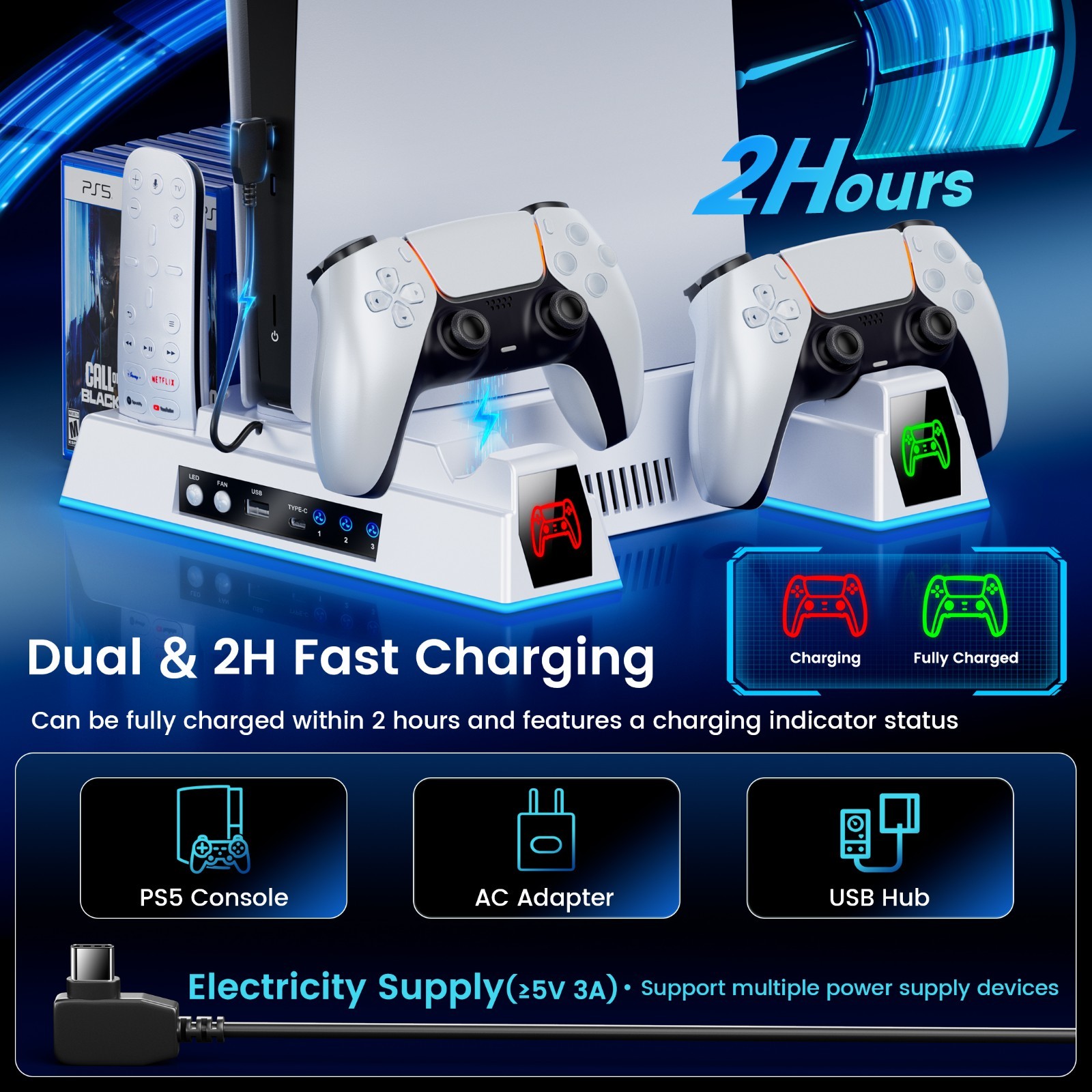 Vertical Cooling Stand for PS5/PS5 Pro/PS5 Slim,Dual Controller Charging Dock