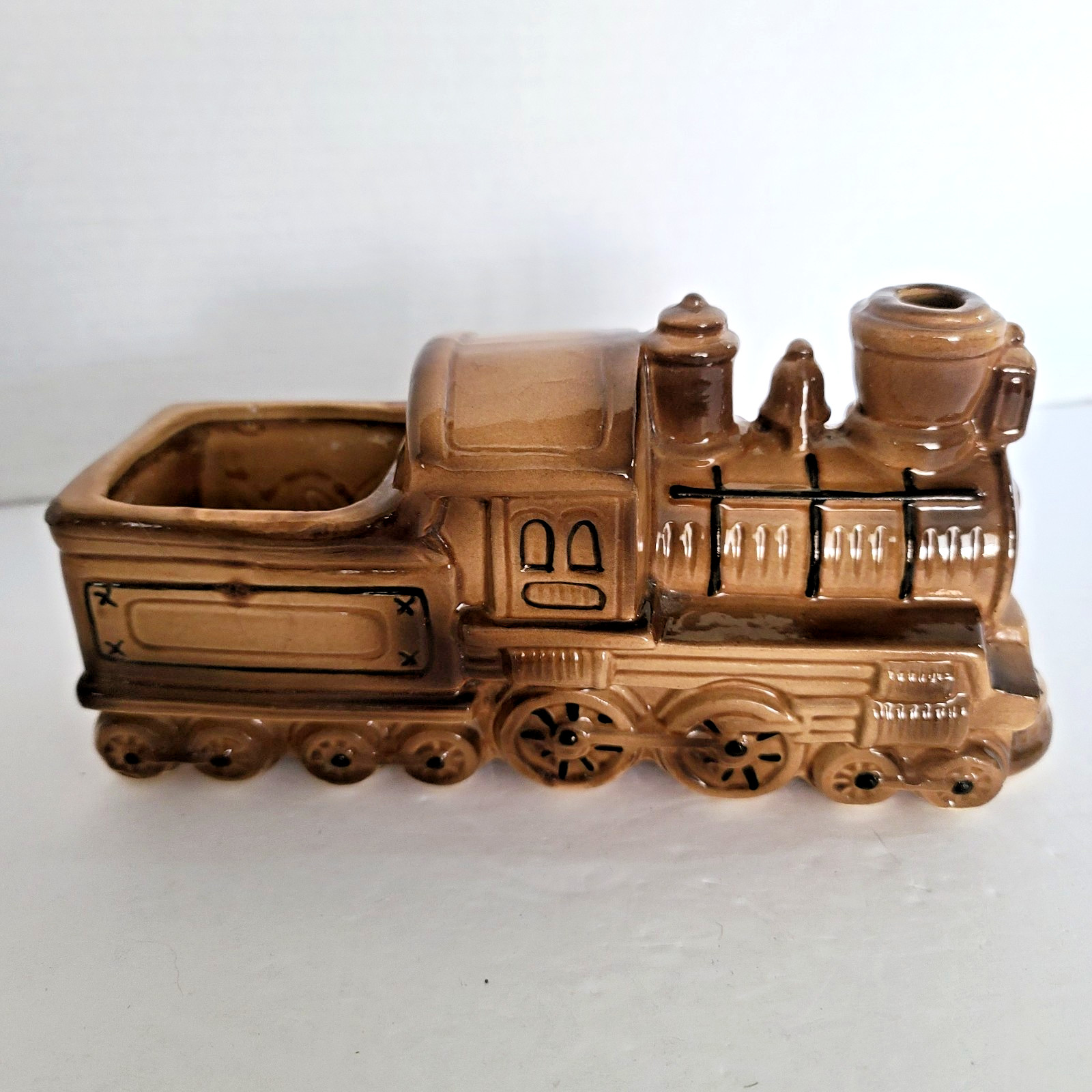 Vintage Locomotive Train Ceramic Planter Engine Mid Century Brown 8"
