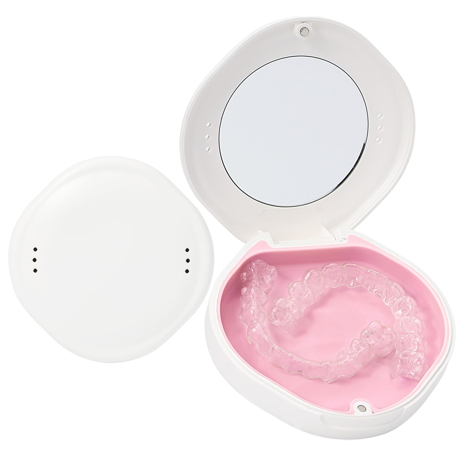 Portable Slim Secure Aligner Retainer Case Mirror Vents Travel White Pink
